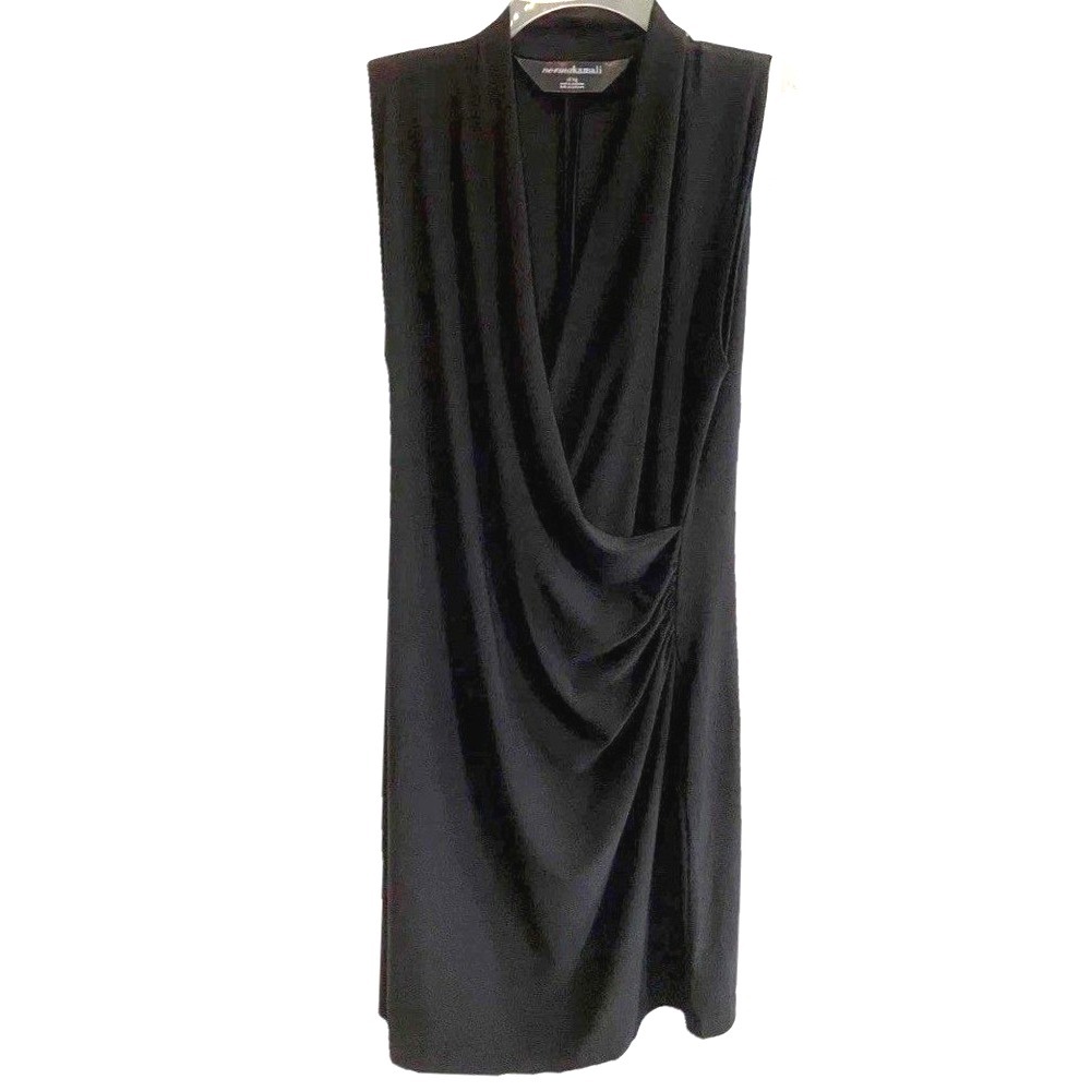 Norma Kamali Black Jersey Sheath Dress XL Ruched Surplice V-Neck Cocktail Midi